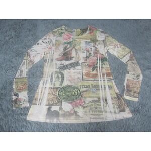 Origami Womens Top Medium Long Sleeve Scoop Neck Wild West Graphic Print Blouse